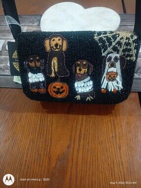 NEW From India to you Black beaded purse with Halloween-themed dogs Motif